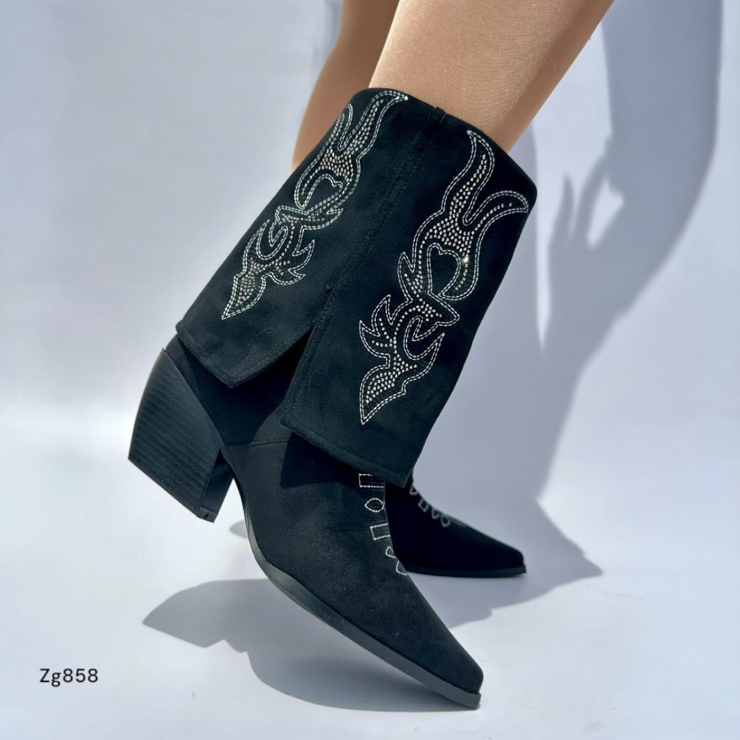 Bota negro doblez detalles blanco apliques brillante tacon 7cm 255-028